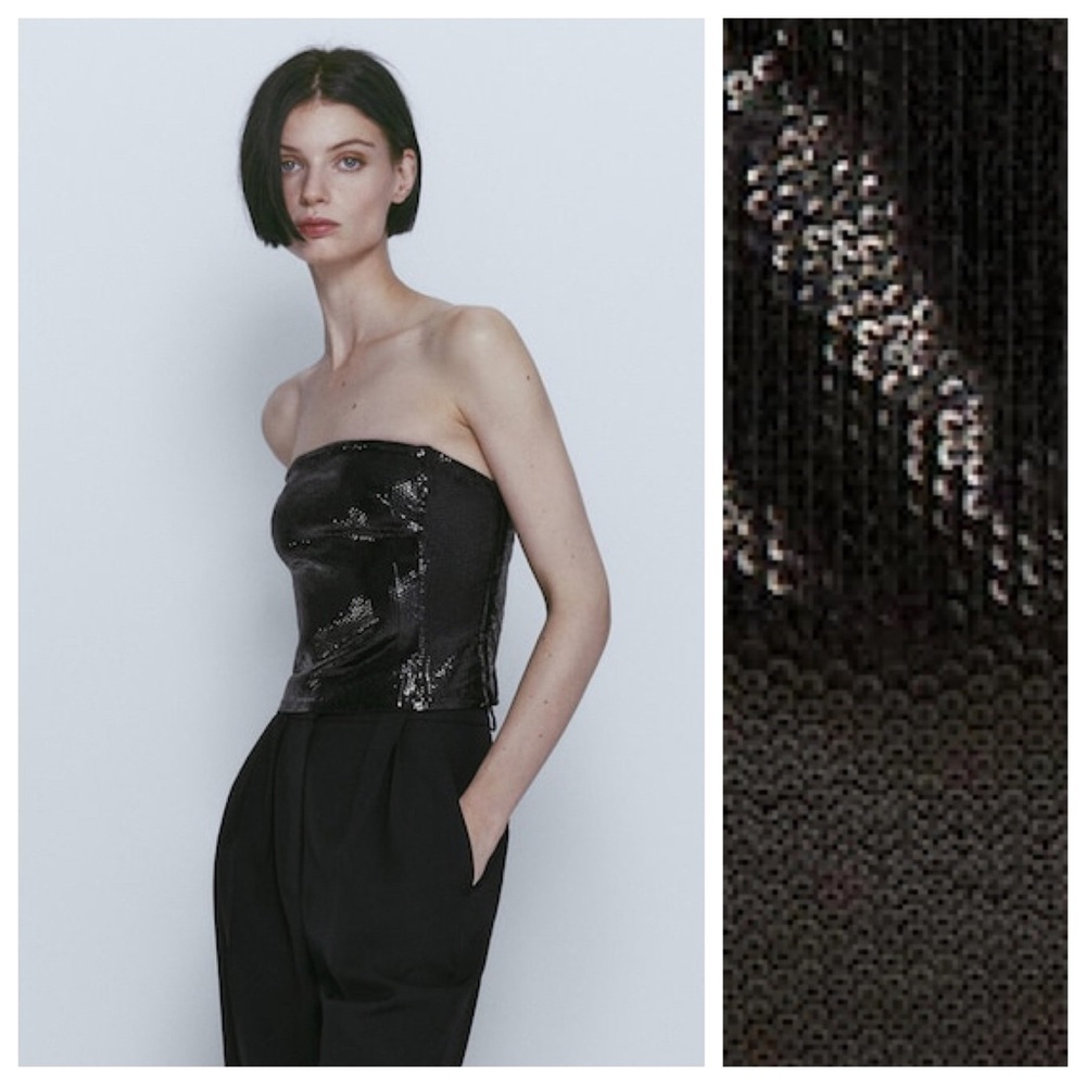 NWT. Massimo Dutti Black Sequinned Crop Top. Size L.